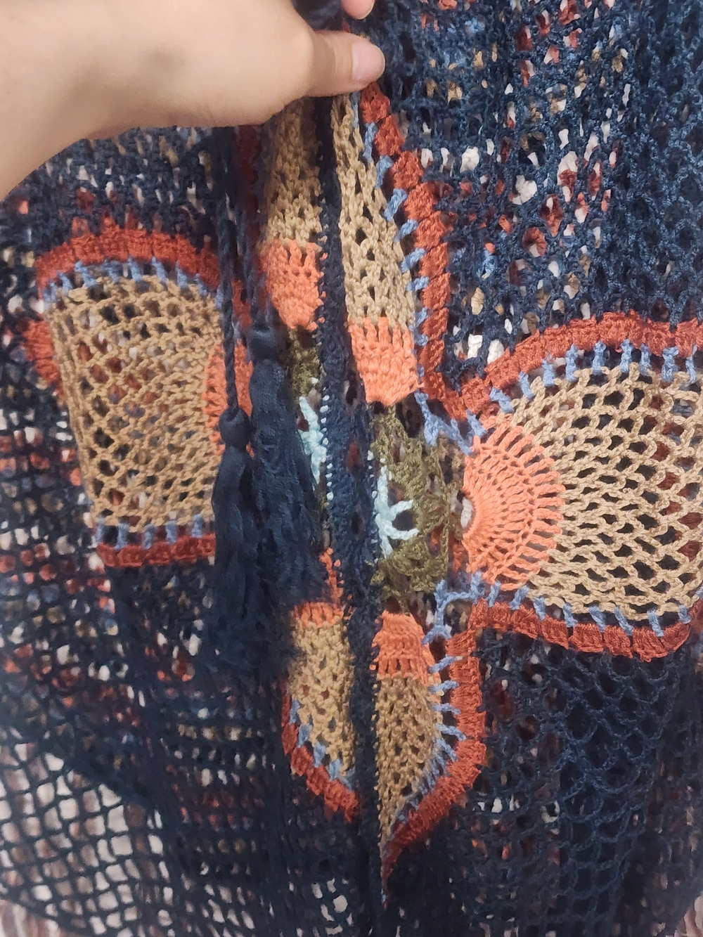 Crochet Open-Front Vest with Fringe in Navy, Rust, Cream - Picture 3 of 4